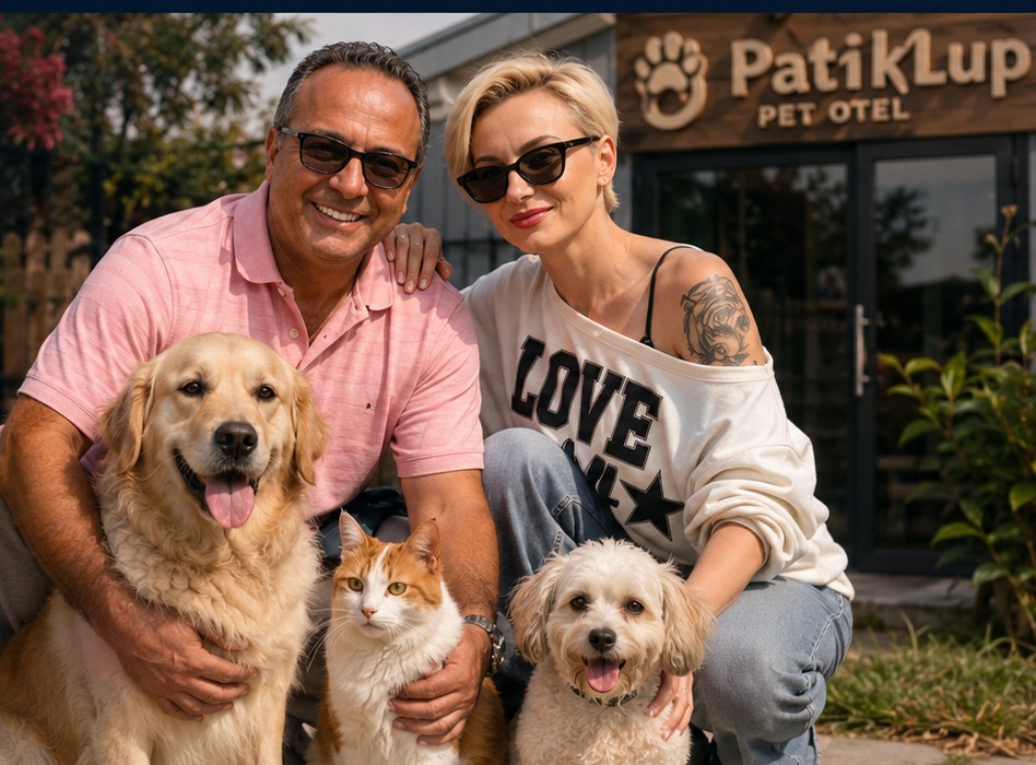 Pet Otel Pro kurucuları Mete Adan ve Olga Yakubenko, PatikLup önünde evcil hayvanlarla